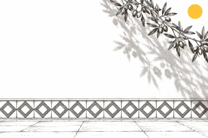 Engraved limewash wall with a tile border, olive-leaf shadow and a saffron sun