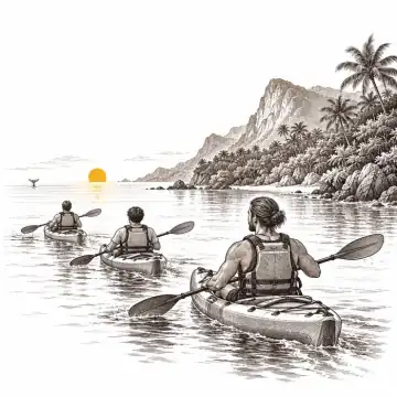 Engraved vignette: a kayak guide with two kayakers on calm water
